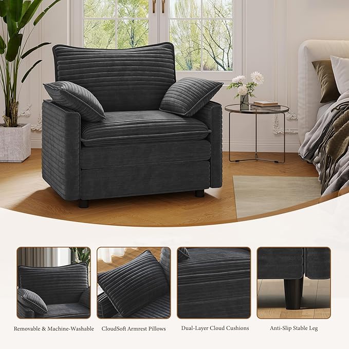 Vesgantti 40" Single Seat Sofa, Comfy Cloud Couch Deep Seat Upholstered Couch Corduroy Modern Sofa with Armrest Pillow, Easy Assembly for Living Room, Bedroom and Apartment, Gray | Sink-in Comfort, Height Adjustable, Easy Rearrangement, Extra-deep Otto...