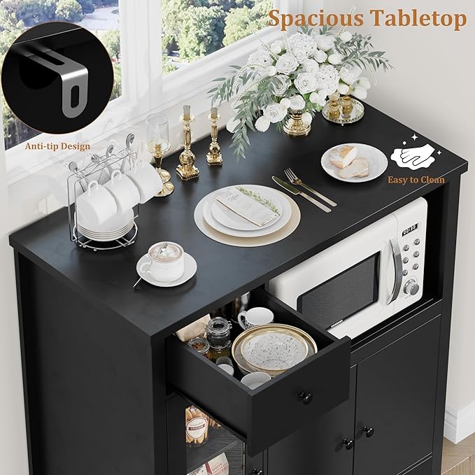 GarveeHome Kitchen Microwave Cabinet with Storage and Drawers, Modern Small Buffet Cabinet with Glass Doors and Adjustable Shelf, Wooden Sideboard with Wide Top for Dining Room, Living Room, Black