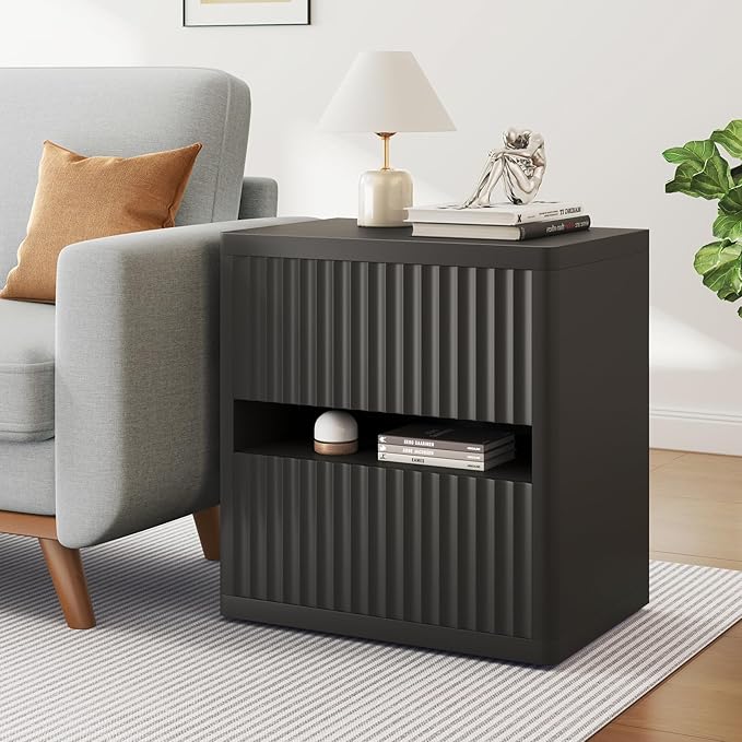 Dripex Fluted Nightstand Set of 2, 22'' Wide Night Stand with 2 Large Drawers, Mid Century Modern Wood Bedside Table with Open Shelf, Large Bed Side End Table for Bedroom, Black