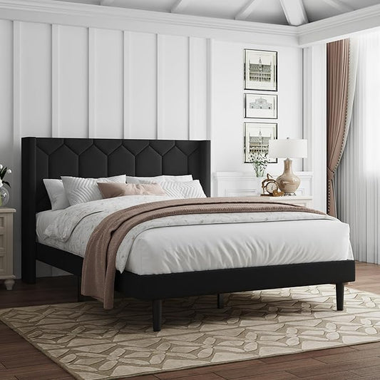 Full Size Bed Frame with Velvet Upholstered Headboard, Platform Bed Frame No Box Spring Needed, Modern Bedframe with Strong Wooden Slats, Black