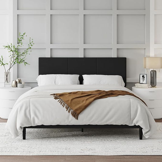 Queen Size Bed Frame with Upholstered Headboard, Sturdy Wood Slats, No Box Spring Required, Silent, Easy Assembly, Black