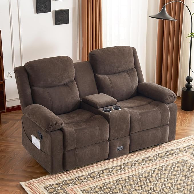 Recliner Sofa, Reclining Loveseat Sofa with Massage & Heat, Reclining Couch with Side Pockets, Extra Storage, Cup Holders for Living Room