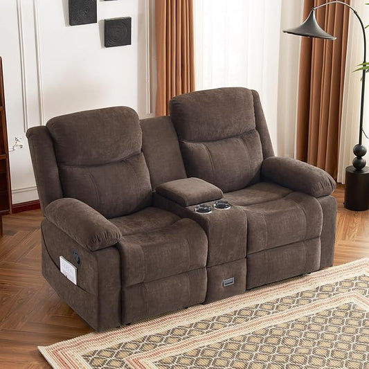 Recliner Sofa, Reclining Loveseat Sofa with Massage & Heat, Reclining Couch with Side Pockets, Extra Storage, Cup Holders for Living Room