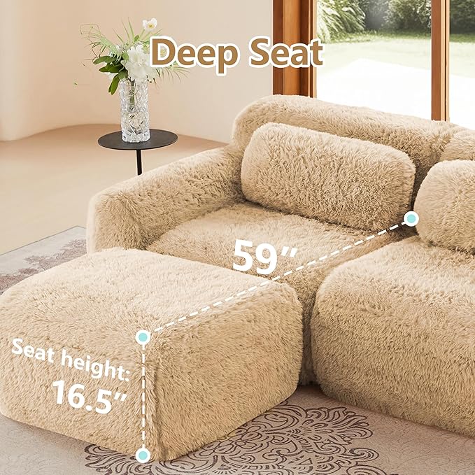 80.4-Inch Boneless Love Seat Couches in a Box, Modern 2 Seat Floor Modular Foam Cloud Sofa Faux Fur Loveseat Couch W/Angle Armrests for Home Apartments Bedroom