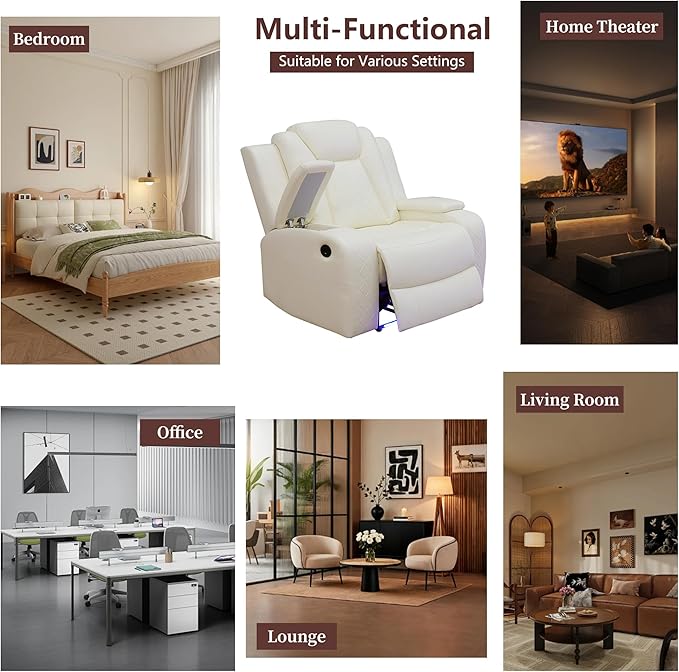 Power Recliner Sofa Set, Breathing Leather Reclining Couch Set, 3 Piece Living Room Furniture Set with LED Lights/Charging Ports/Storage for Home/Office (Creamy White, Sofa+Loveseat+Chair)
