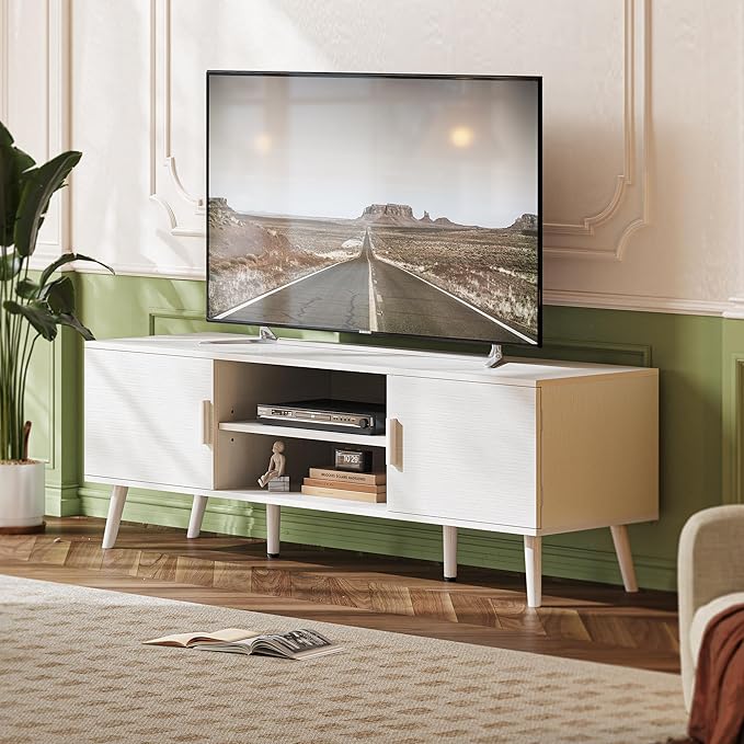 SUPERJARE TV Stand for 55 Inch TV, Entertainment Center with Adjustable Shelf, 2 Cabinets, TV Console Table, Media Console, Solid Wood Feet, Cord Holes, for Living Room, Bedroom, White