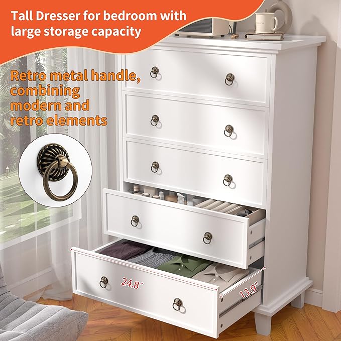 5 Drawers Dresser for Bedroom, White Chest of Drawers Tall Wood Dresser with Large Storage Organizer for Living Room, Hallway