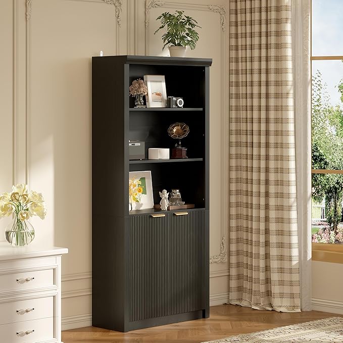 Garvee Tall Book Shelf and Bookcase, Wooden Bookcase with Doors, Modern Book Case with Large Storage Cabinet, 5-Shelf Bookcases with Adjustable top Shelve for Home Office, Living Room, 2 Set Black