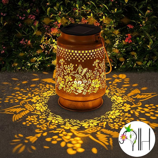 Solar Lanterns Outdoor Hummingbird Garden Decor, Gifts for Women Mom Grandma Birthday, Metal Hanging Solar Lights Waterproof with Shepherd Hook LED Decoration Outside for Garden Yard Patio Porch