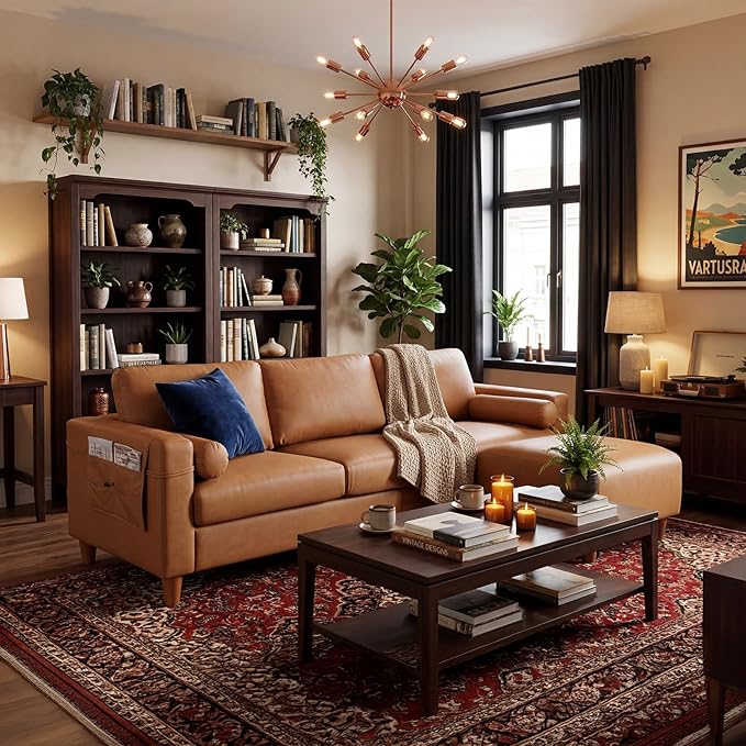 Vesgantti 100" Faux Leather Couch with Movable Ottoman, 3 Seater L Shaped PU Leather Sofa with Side Pocket, Comfy Mid Century Modern Modular Sectional Couch for Living Room, Apartment, Camel