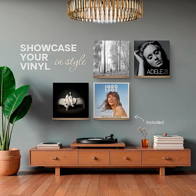 VOL-KI 4-Pack Vinyl Record Shelf Wall Mount – Solid NZ Pine Wood Floating Vinyl Display Shelf & Record Holder, Includes Now Playing Display, Marking Strip & Mini Level (Rich Walnut)