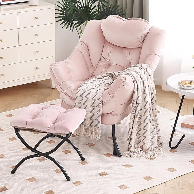 Lazy Chair with Ottoman, Modern Chair with Folding Footrest, Velvet Pink Accent Chair, Comfortable Reading Chair, Oversized Armchairs for Bedroom, Study, Living Room, Courtyard