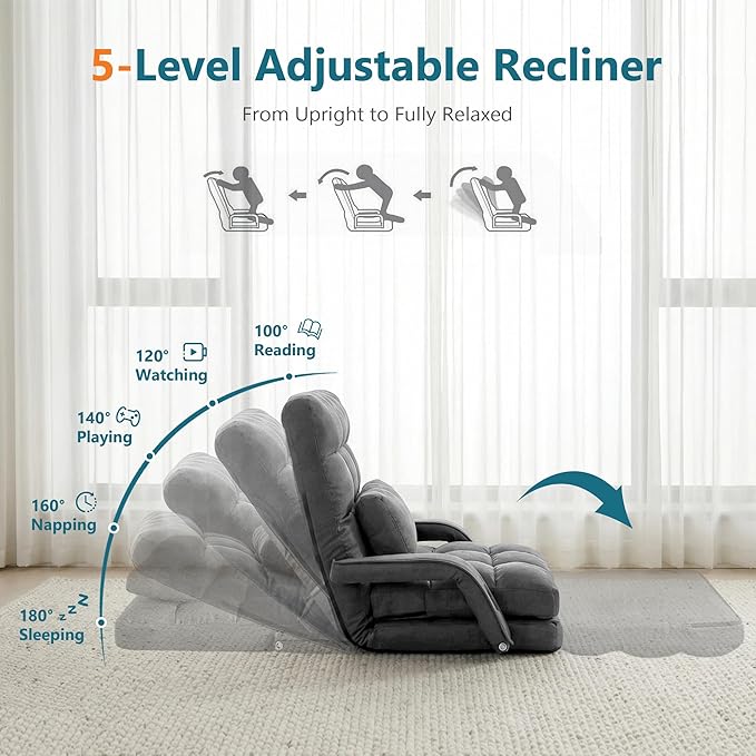 STHOUYN Comfy Floor Chair Bedroom 2 USB Charging Ports, 5-Position Couch Gaming Lounge Chairs Adults, Indoor Folding Lazy Sofa Meditation Arm Dorm Chair Living Room (Grey)