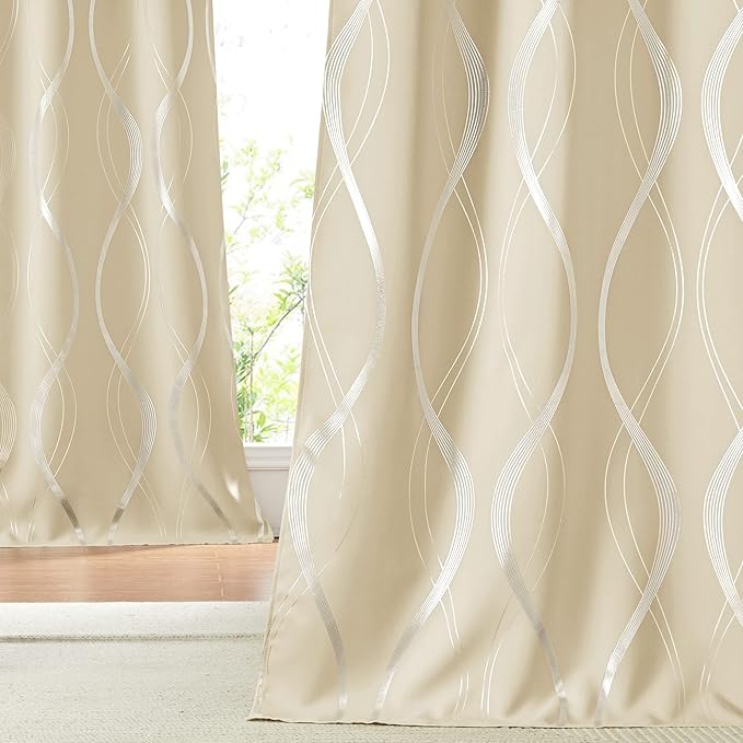 NICETOWN Room Darkening Curtains for Bedroom, Noise Reducing Thermal Insulated Wave Line Foil Print Design Blackout Curtains for Patio Sliding Glass Door (2 Panels, 42 x 84 Inch, Biscotti Beige)