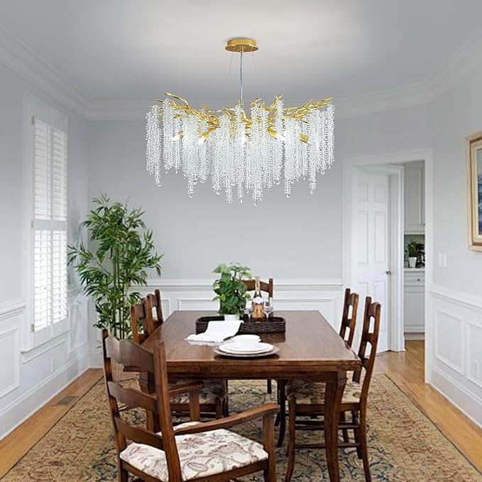 Modern Crystal Tree Branch Chandelier, Gold Round Art Deco Raindrop Lighting Fixture for Dining Room Bedroom Living Room 10 Lights D30''