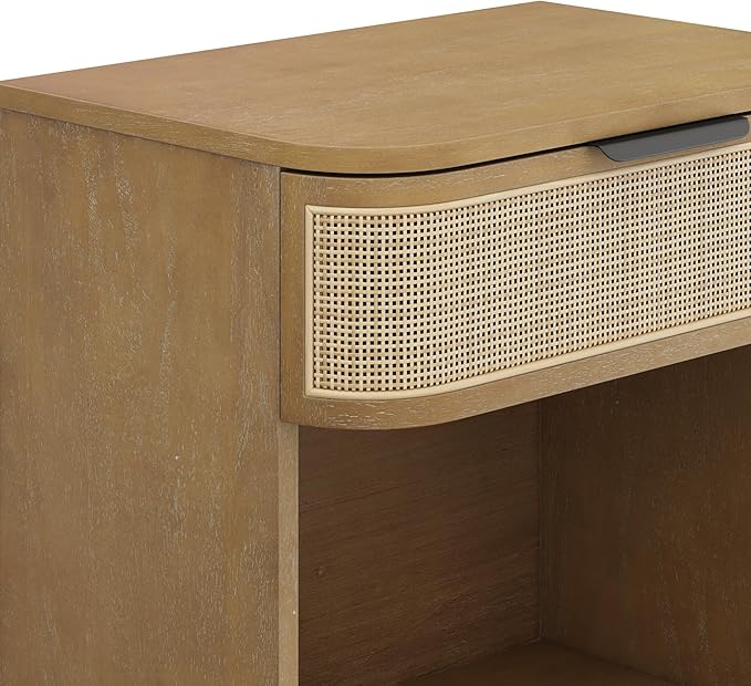 Nathan James Keith Farmhouse Bedside Table, Modern Coastal Nightstand, Rattan Nightstand with 1 Drawer for Bedroom, Light Brown