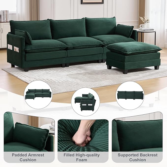 103" Oversized Modular Sectional Sofa Couch with Reversible Ottoman, Free Combination Convertible Corner Couch,Corduroy Upholstered Cloud Sectional Couch with Side Pockets | Multiple Cushions, DIY Combination, Removable Cover