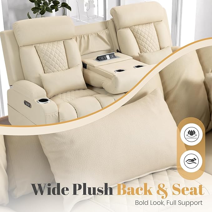 2-Piece Power Reclining Sofa Set, 3-Seater Sofa with Drop-Down Console & 2-Seater Loveseat, Zero Wall Hugger Electric Recliner Couch with Adjustable Headrest, AC Outlets (Beige, 3 Seat)