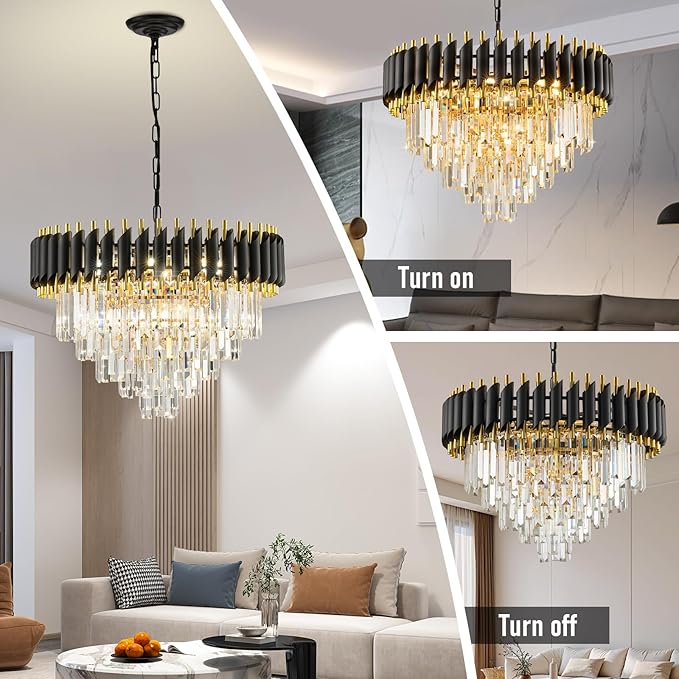 24" Modern Black and Gold Crystal Chandelier for Dining Room,5-Tier 10 Lights K9 Crystal Large Pendant Light Chandeliers Luxury Round Ceiling Light Fixture for Living Room Entryway Foyer