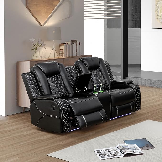 Leather Power Recliner Sofa Set with LED Light，Living Room Furniture Set, Leather Reclining Sofa Set with USB Port Storage Armrest(Loveseat, Black)