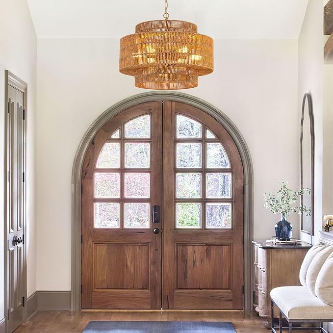 23.6" Rattan Chandelier Light Fixture 6-Light Vintage Farmhouse Hand-Woven Boho Bamboo Rattan Chandelier 3-Tier Drum Wicker Gold Chandeliers for Dining Room, Kitchen, Living Room