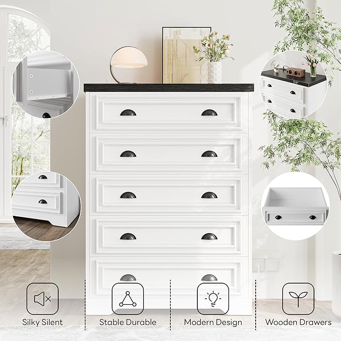 LIKIMIO 5-Drawer 43" Tall Dresser with Built-in Charging Station - Farmhouse Style Bedroom Storage Cabinet, Black &White
