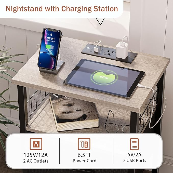Night Stand Set 2 with Charging Station, End Table Set of 2 with 20 Colors LED Light Strip, 3 Fabric Drawers, Bedside Table with USB Ports and Outlets for Bedroom (Grey)