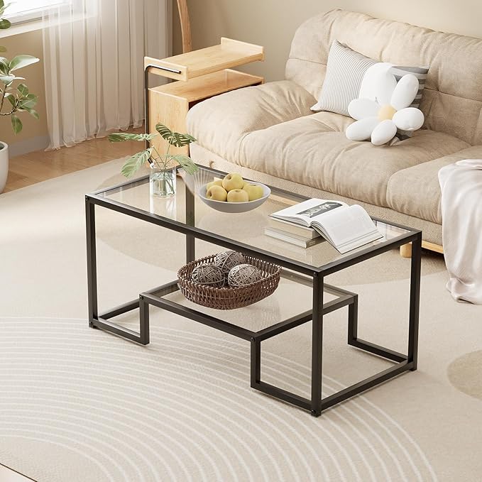 Coffee Table Black Glass Coffee Table for Living Room,2 Tiers Rectangle Center Table with Sturdy Metal Frame,Modern Tempered Glass Accent Table for Bedroom Home Office
