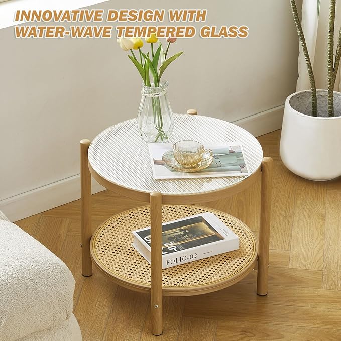 COSVALVE 19.6" Boho Rattan Coffee Table, Round Glass Metal End Table, Modern Simple 2 Tier Side Table for Sofa Bed Side Small Space Living Room Bedroom Office Meeting Room