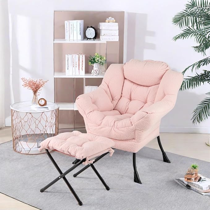 GORELAX Lazy Chair with Ottoman, Modern Accent Chair w/Armrests & Side Pocket, Upholstered Lounge Sofa Chair & Folding Footstool Set, Reading Chair for Bedroom, Living Room, Dorm Room (Plush Pink)