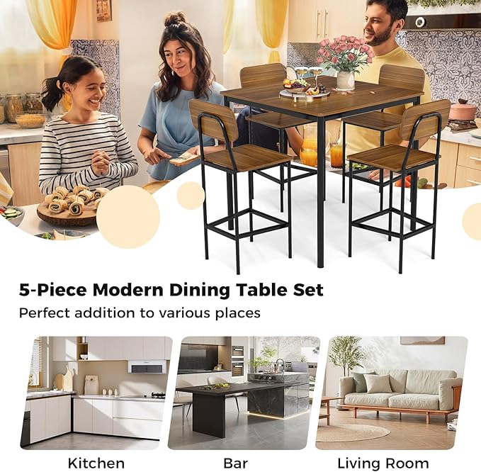 GOFLAME 5-Piece Dining Table Set for Small Space, Kitchen Table and Chairs Set for 4 with Steel Frame, Square Breakfast Table Set, Industrial Counter Height Table Set for Home, Restaurant & Cafe, Teak