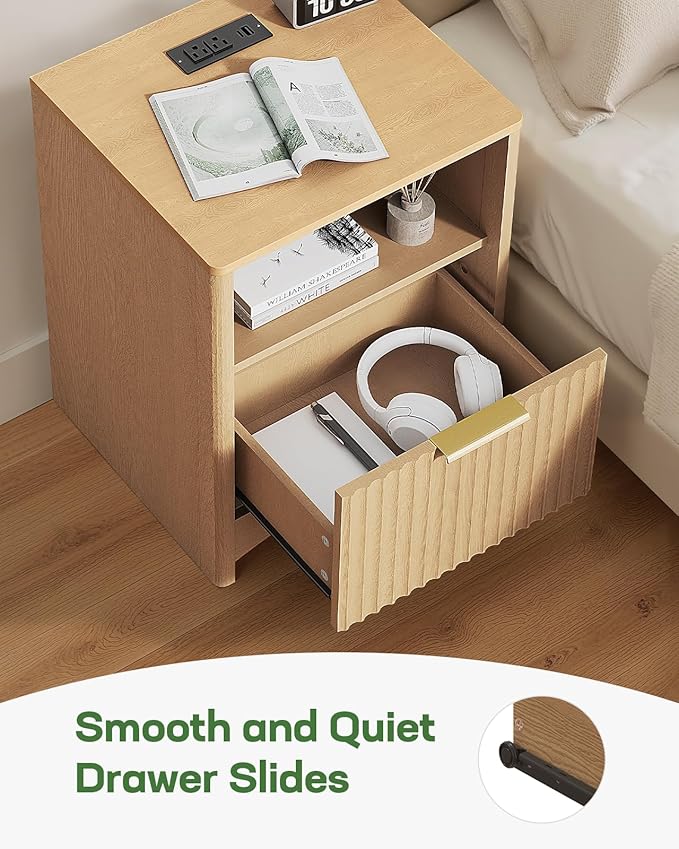 Marsail Nightstand Set of 2 with Drawers, Modern Night Stand with Charging Station, USB & AC Ports & Wood Grain Finish, Fluted Bedside Table & End Table for Bedroom, Natural Oak