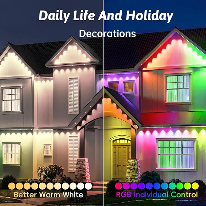 50FT Permanent Outdoor RGB Lights,IP67 Waterproof LED Eaves Lights with Smart App/Remote Control,for Christmas and All Holiday Decor,Daily and Accent Lighting,House Roof and Garden Lighting