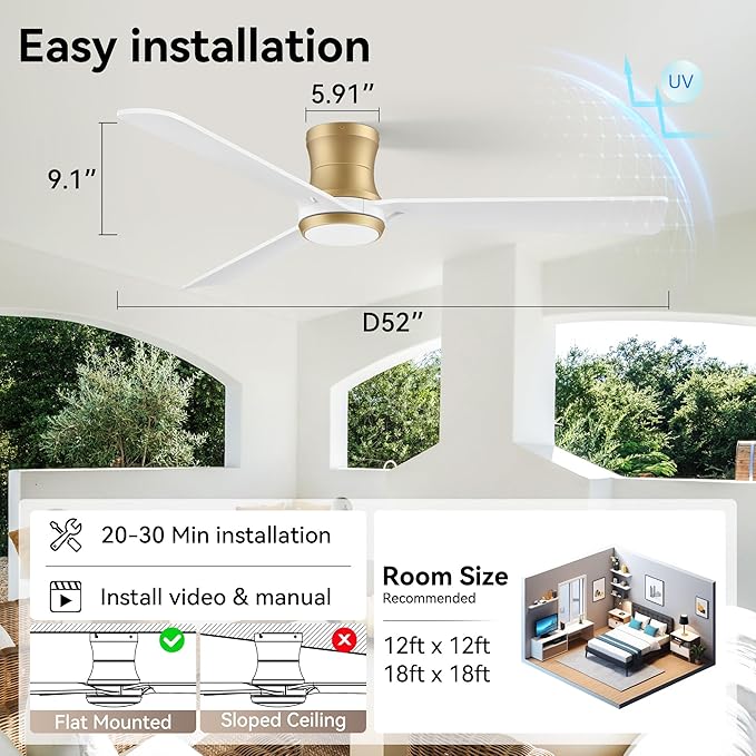 52inch Smart Ceiling Fans with Lights,Low Profile Modern Wood Ceiling Fans,Remote/APP/Alexa Control,Outdoor Indoor Flush Mount Ceiling fan,for Bedroom Living room Patio,3 Blade,White Gold,Quiet