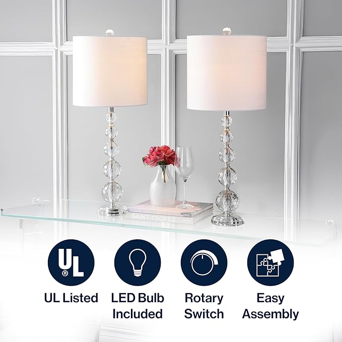 JONATHAN Y 28.5" Clear Crystal Faceted Orb Table Lamp Set of 2, Modern Glam Chrome Bedside Lamps for Living Room, White Linen Drum Shade, UL Listed, LED Bulbs Included JYL5002A-SET2