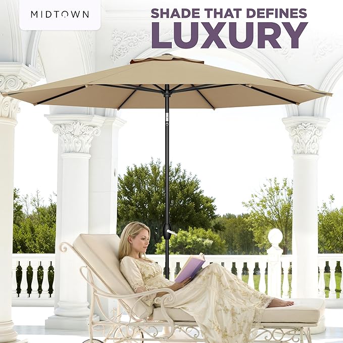 Midtown Umbrellas - The Lean 8 Ft Patio Umbrella with Fade-Resistant Sunbrella Fabric, Auto-Tilt Aluminum Frame and 8 Reinforced Ribs for Deck, Pool & Garden - Heather Tan Canopy, Black Pole