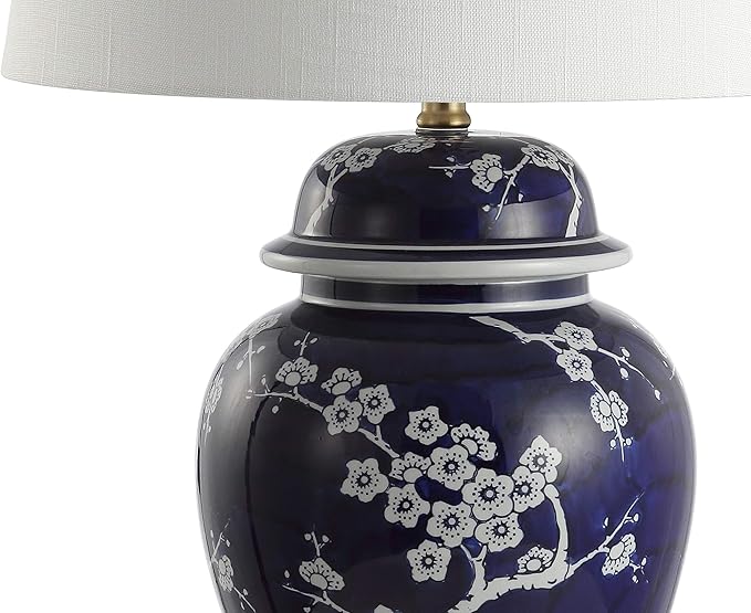 JONATHAN Y 29.5" White/Navy Blue Traditional Ceramic Ginger Jar Table Lamp for Living Room, Chinoiserie Asian Bedside Lamp with White Linen Shade and LED Bulb Included JYL3047A
