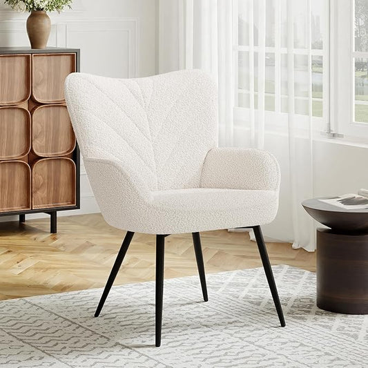 Mid-Century Modern Beige Sherpa Accent Chair, Upholstered Armchair for Living Room/Bedroom/Reading Corner, Curved Back & Padded Seat, High-Density Cushion, Metal Legs, Soft Cozy Fabric