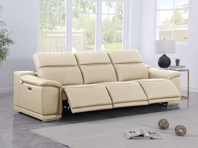 BlackJack Furniture Venice Top Grain Italian Leather Power Recline 3 Piece Sofa - 107" Theater Seating Modern Couch for Living Room Apartment Lounge Home with Adjustable Headrests & USB Port, Beige