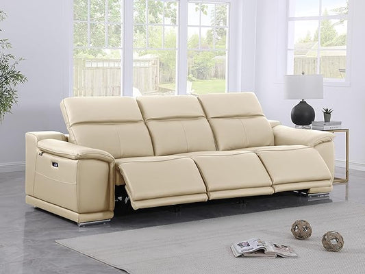 BlackJack Furniture Venice Top Grain Italian Leather Power Recline 3 Piece Sofa - 107" Theater Seating Modern Couch for Living Room Apartment Lounge Home with Adjustable Headrests & USB Port, Beige