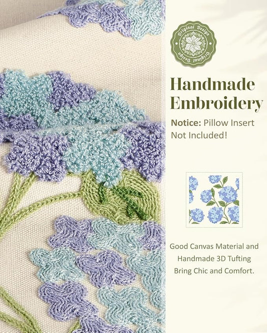 Embroidered Throw Pillow Cover - 18x18 Decorative Pillow Cover with Zipper Aesthetic Cute Design Boho Spring Summer Cozy Throw Pillowcase for Living Room Couch Sofa Bed, Blue Hydrangea