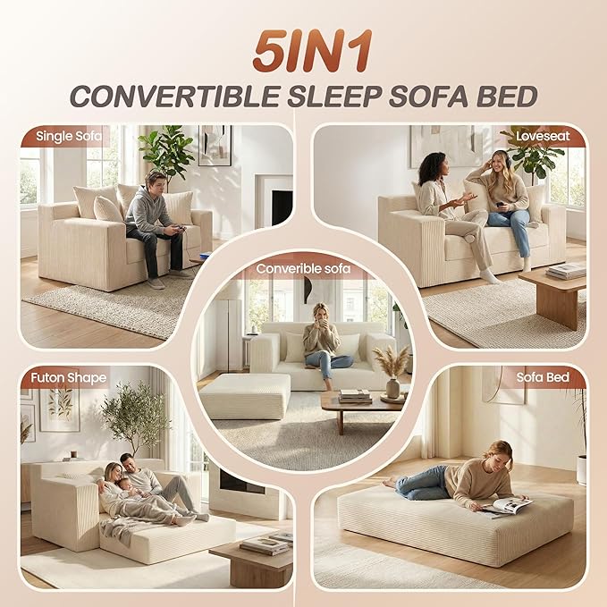 Convertible 5 in 1 Futon Sofa Bed Full Size, Corduroy Boneless Couch Sleeper Sofa with 4 Pillows, Foldable Pull Out Loveseat Floor Mattress for Living Room, Apartment, Small Space & Dorm