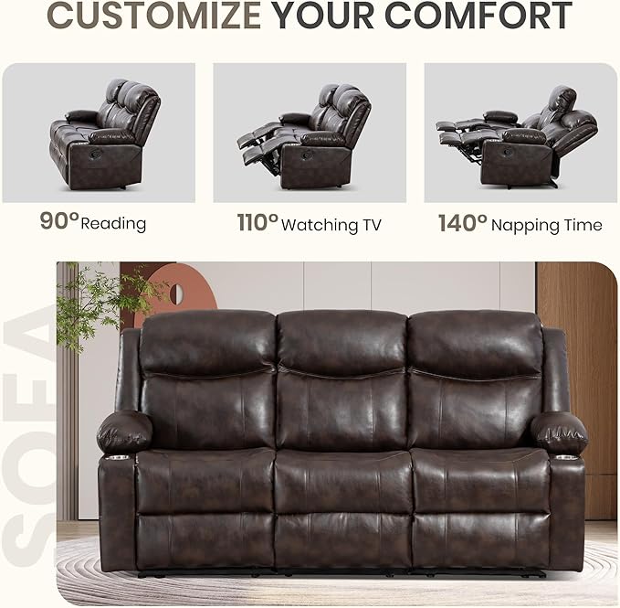 Manual Reclining 3-Seater Sofa with Heat & Massage, PU Leather Recliner Couch for Living Room, Faux Leather Upholstery, Deep Cushions & Sturdy Frame (Brown)