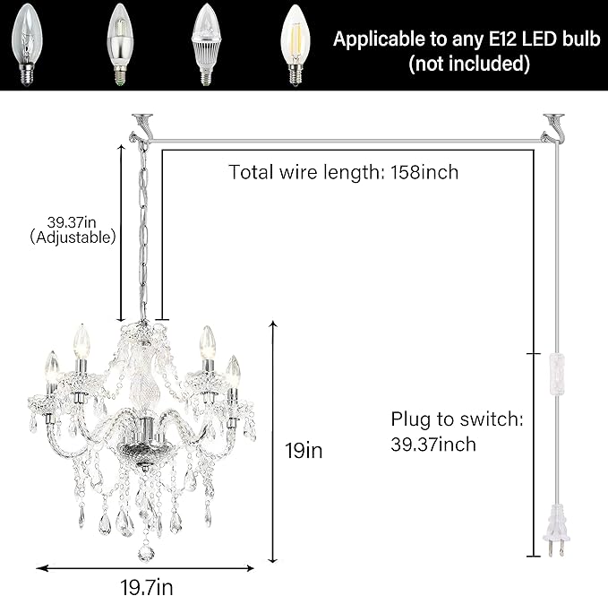 2PCS Plug-in 5 Light Crystal Hanging Pendant Lights Acrylic Chandelier with Clear Cord & On/Off Switch H19 D19.7 for Kitchen Island Girls' Room Dining Area Laundry Pavilion