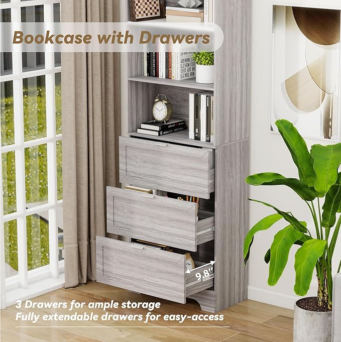 71'' Tall Bookshelf with Drawers,6 Tier Wooden Bookcase Storage Organizer,Freestanding Display Cabinet with Adjustable Shelves for Living Room, Bedroom, Kitchen, Home Office, Wash Grey