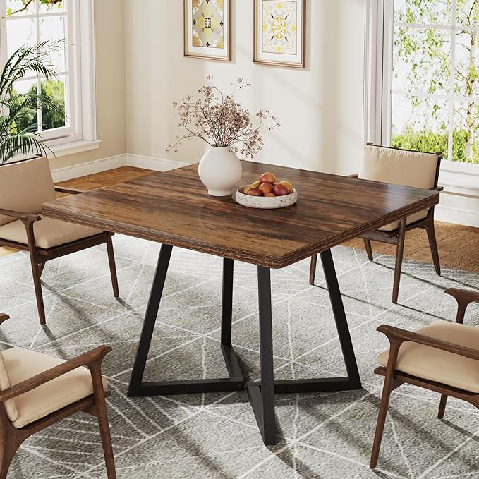 Tribesigns Square Dining Table, 31.5" Industrial Dinner Table with Metal Base, Kitchen Table for Dining Room, Small Space, Apartment, Rustic Brown & Black (6pcs)