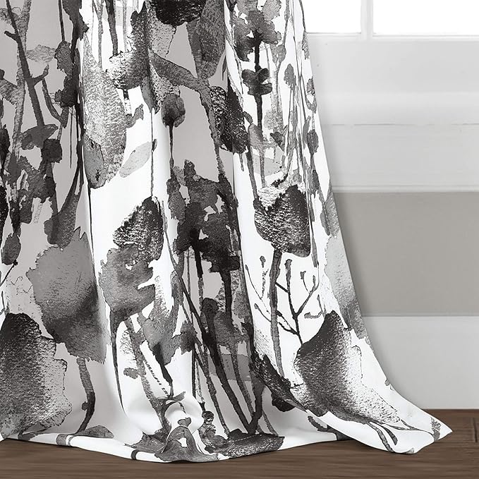 Lush Decor Zuri Flora Light Filtering Window Curtain Panel Pair, 52" W x 84" L, White & Black