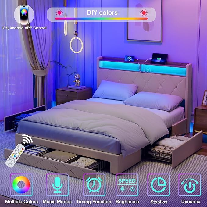 VECELO Velvet Queen Size Upholstered Bed Frame with Headboard, Sturdy Platform Queen Bed Frame with 3 Capacious Drawers, LED Light, Charging Station, USB Ports, Quiet, Easy Assembly, Beige