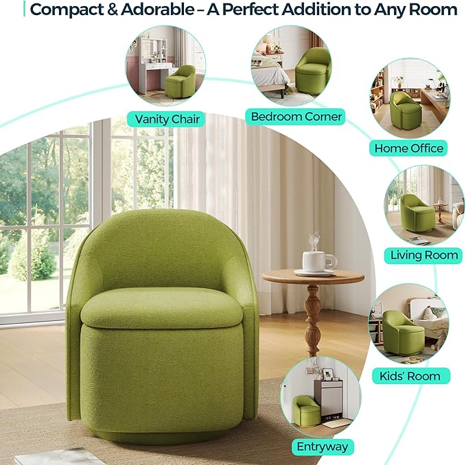 LINSY Swivel Accent Chair Set of 2, Comfy Chenille Barrel Chairs with Storage 360 Swivel Modern Armchair for Living Room Bedroom, Small Boucle Reading Chair for Study Room (Green)