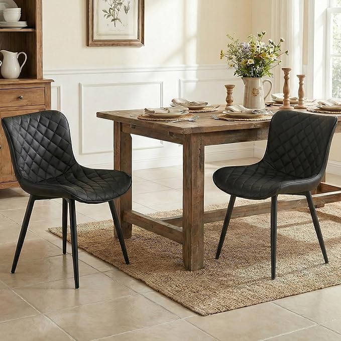 YOUTASTE Black Dining Chairs Set of 2, PU Leather Upholstered Mid-Century Modern Chair, with Thick Padded Back and Metal Legs, for Kitchen, Dining Room, Vanity, or Guest Waiting Room